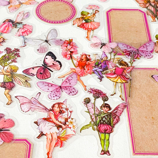 vintage pink fairy and butterfly clear stickers set with whimsical storybook illustrations and tags on cream background