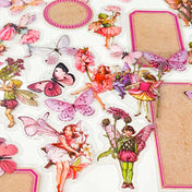 vintage pink fairy and butterfly clear stickers set with whimsical storybook illustrations and tags on cream background