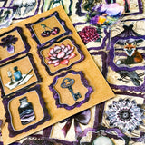 set of 50 gothic vintage plastic stickers with black and deep purple ornate frames featuring botanical illustrations, animals, victorian objects and curiosity cabinet themed designs
