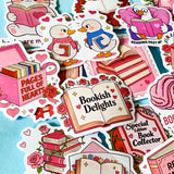 set of 52 stickers, book themed holographic stickers with pink and red designs featuring books, reading, animals , flowers and romantic bookish quotes 
