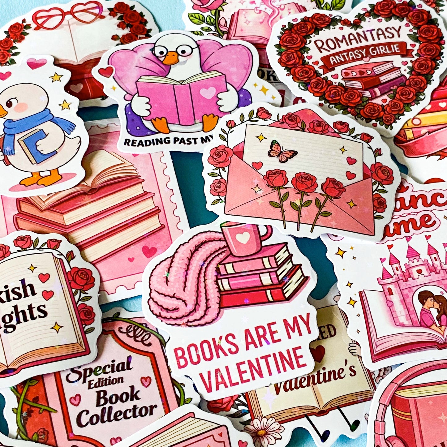 set of 52 stickers, book themed holographic stickers with pink and red designs featuring books, reading, animals , flowers and romantic bookish quotes 