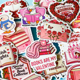set of 52 stickers, book themed holographic stickers with pink and red designs featuring books, reading, animals , flowers and romantic bookish quotes 