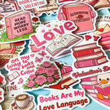 set of 52 stickers, book themed holographic stickers with pink and red designs featuring books, reading, animals , flowers and romantic bookish quotes 