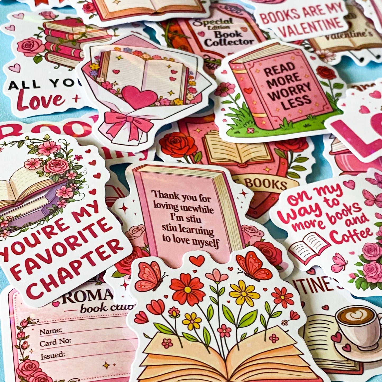 set of 52 stickers, book themed holographic stickers with pink and red designs featuring books, reading, animals , flowers and romantic bookish quotes 