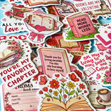 set of 52 stickers, book themed holographic stickers with pink and red designs featuring books, reading, animals , flowers and romantic bookish quotes 
