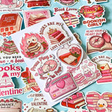 set of 52 stickers, book themed holographic stickers with pink and red designs featuring books, reading, animals , flowers and romantic bookish quotes 