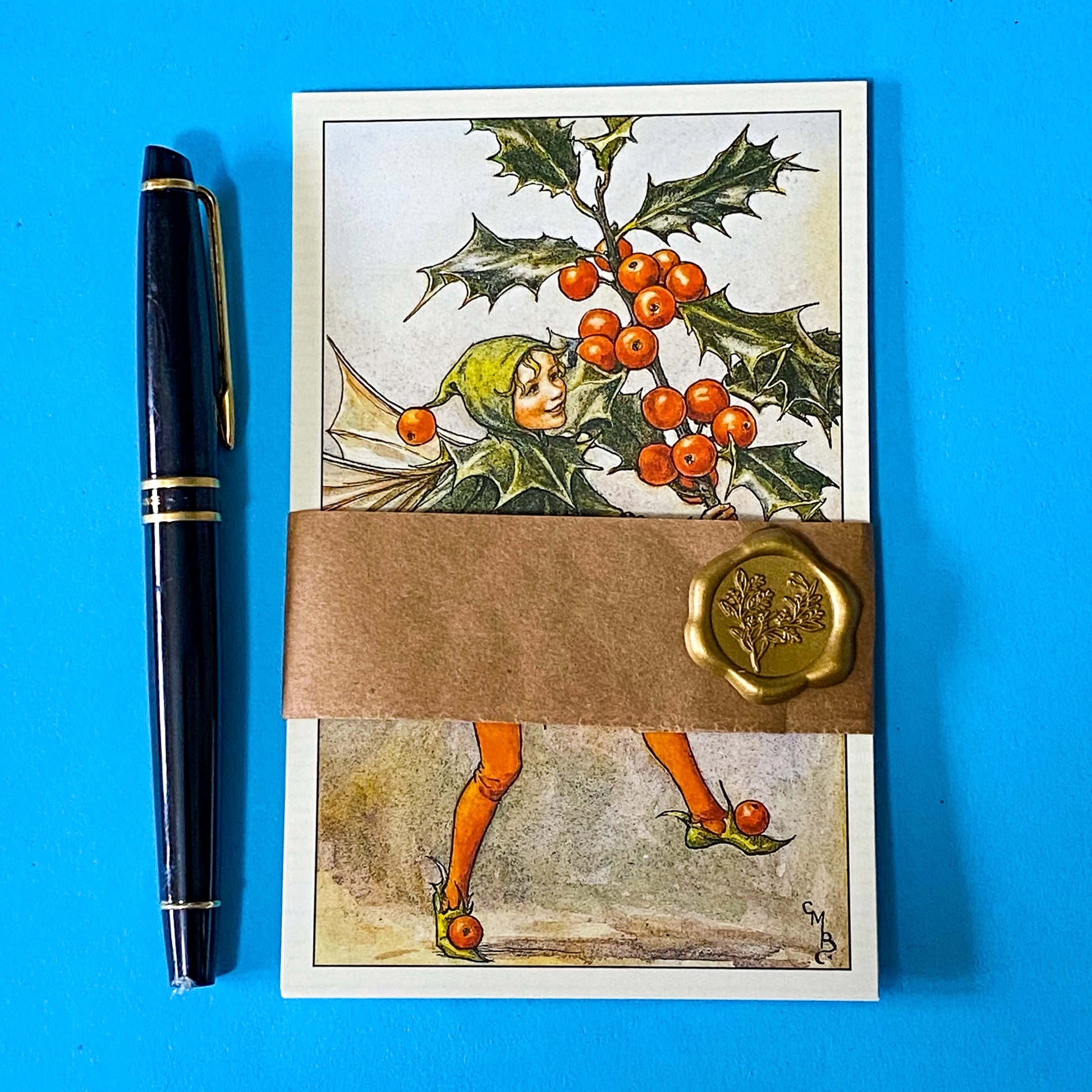 flower fairies pack of 5 vintage botanical postcards with trees and shrubs including box, yew, plane, holly and pine. Nostalgic book covers set with kraft belly band and wax seal sticker. uk letterbox gifts