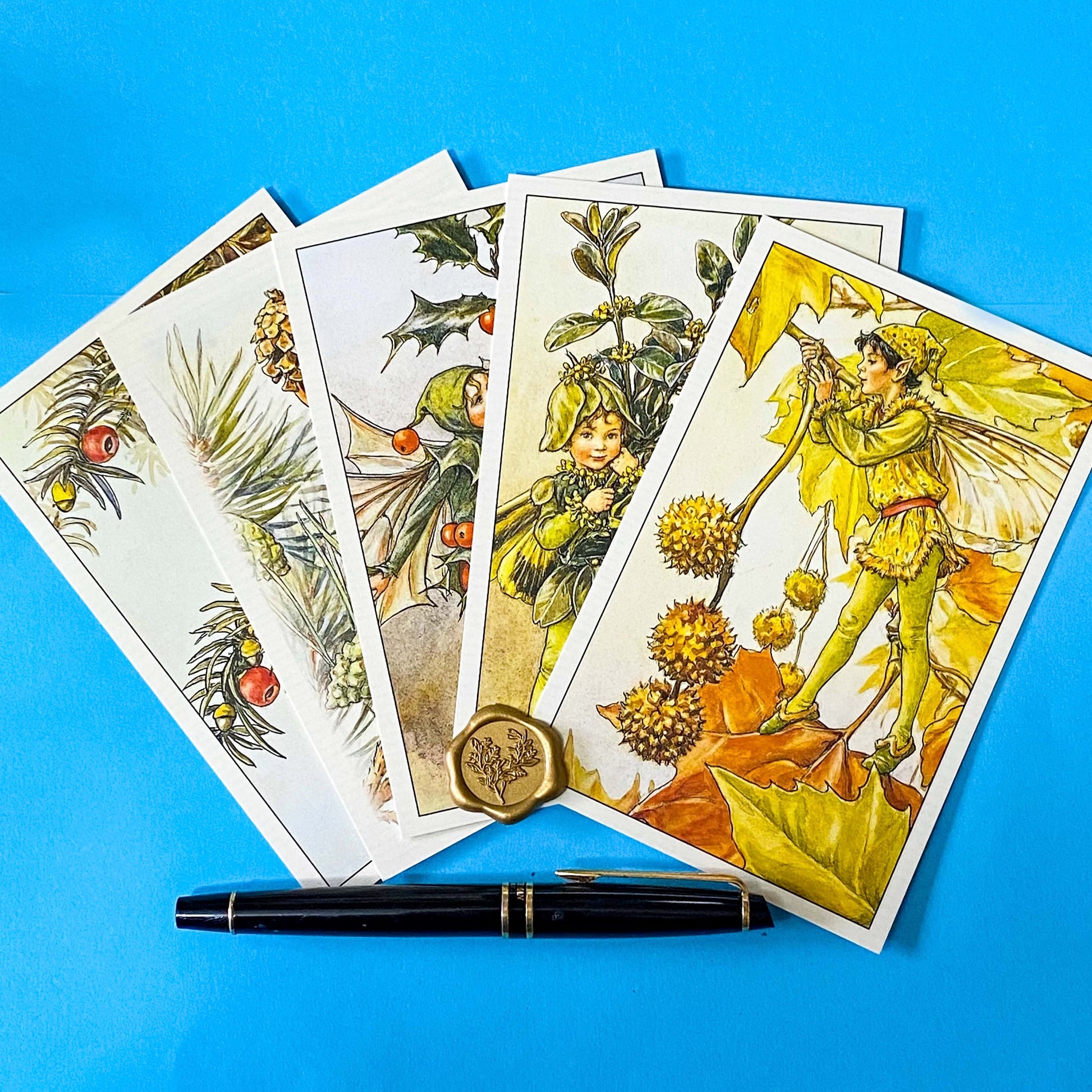 flower fairies pack of 5 vintage botanical postcards with trees and shrubs including box, yew, plane, holly and pine. Nostalgic book covers set with kraft belly band and wax seal sticker. uk letterbox gifts
