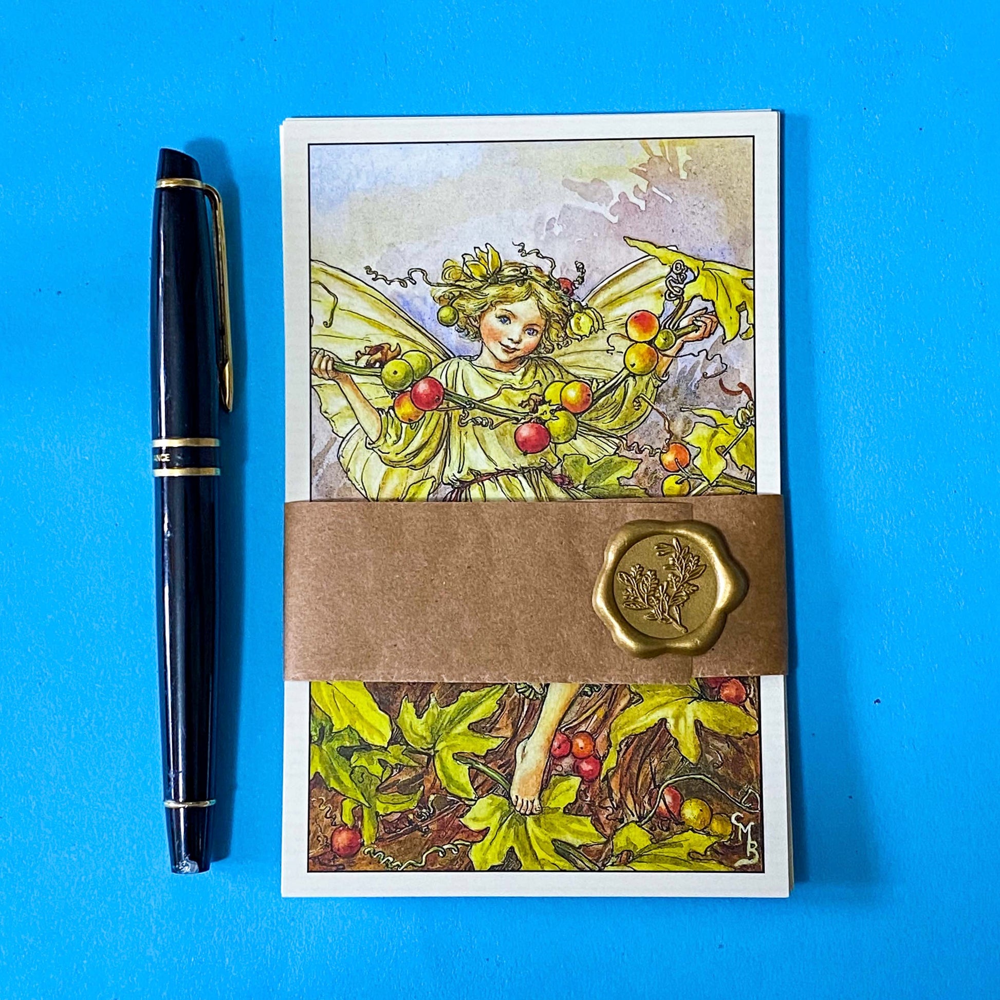 set of 5 flower fairy postcards with vintage illustrations by cecily may barker including hawthorn, bryony, guelder rose and elder. Uk letterbox gifts. Packed in kraft belly band with wax seal sticker as a present or pen pal treat.