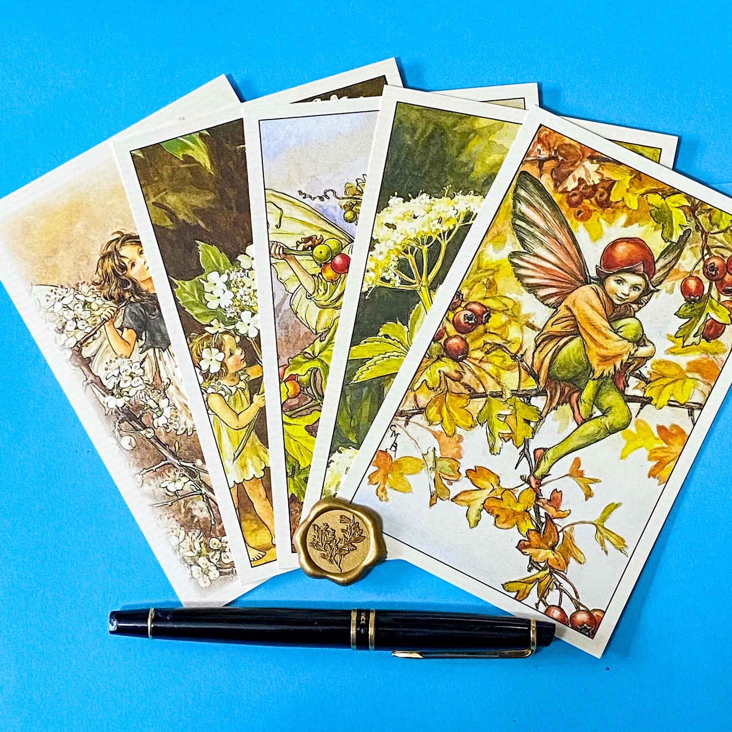 set of 5 flower fairy postcards with vintage illustrations by cecily may barker including hawthorn, bryony, guelder rose and elder. Uk letterbox gifts. Packed in kraft belly band with wax seal sticker as a present or pen pal treat.