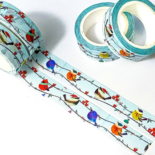 winter woodland bird birds snow snowy cute kawaii washi tape blue pale uk stationery festive wintry 10m big roll tapes shop store line hats  scarf scarves