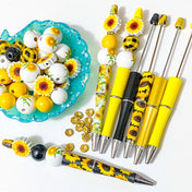 sunflower topper build your own beaded pen pens metallic gold yellow black sunflowers spring summer cute kawaii uk kit gift gifts present wood wooden jumbo bead