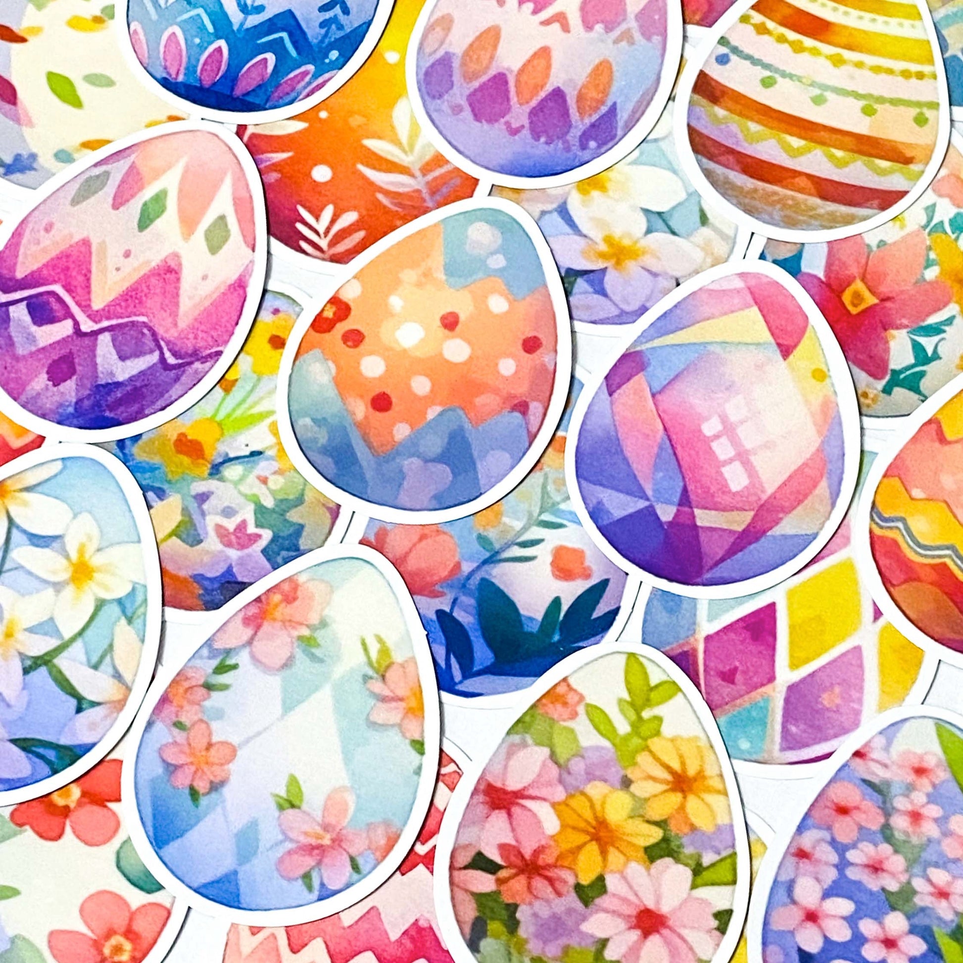 large bundle of spring and easter laptop stickers with easter eggs, bunny rabbits, gnomes and baskets illustrations. bargain stationery bundles uk.