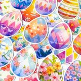 large bundle of spring and easter laptop stickers with easter eggs, bunny rabbits, gnomes and baskets illustrations. bargain stationery bundles uk.