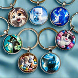 cat cats kitty kitten glass cabochon domed key ring keyring keyrings keychain uk cute kawaii gift gifts shop store present stocking filler round bezel silver metal 