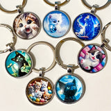 CATS Glass Cabochon Silver Tone KEYRING- NEW DESIGNS!!