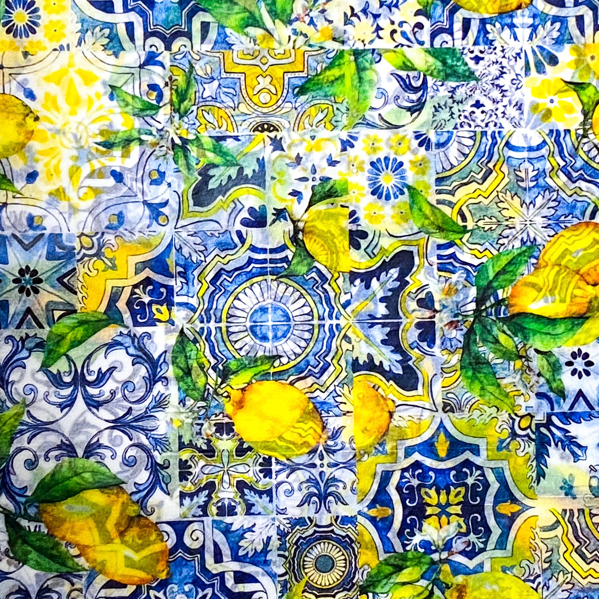 tissue paper with a pattern with lemons, leaves, and decorative elements on a blue and white background