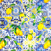 tissue paper with a pattern of lemons and blue and white tiles with floral designs.