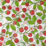 tissue paper Pattern of red raspberries and green leaves on a light background