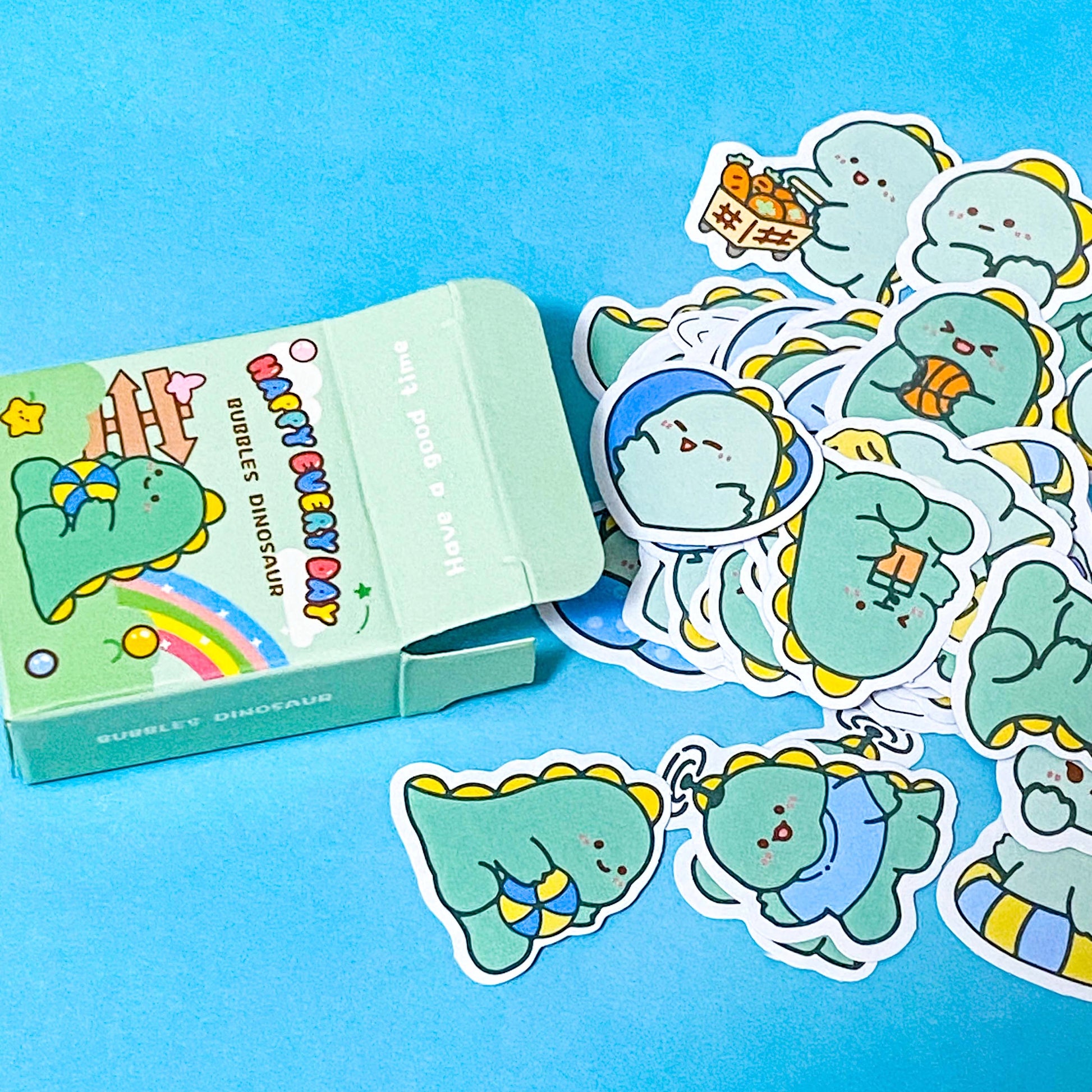 sticker pack with cute dinosaur design on a blue background