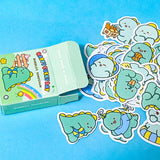 sticker pack with cute dinosaur design on a blue background