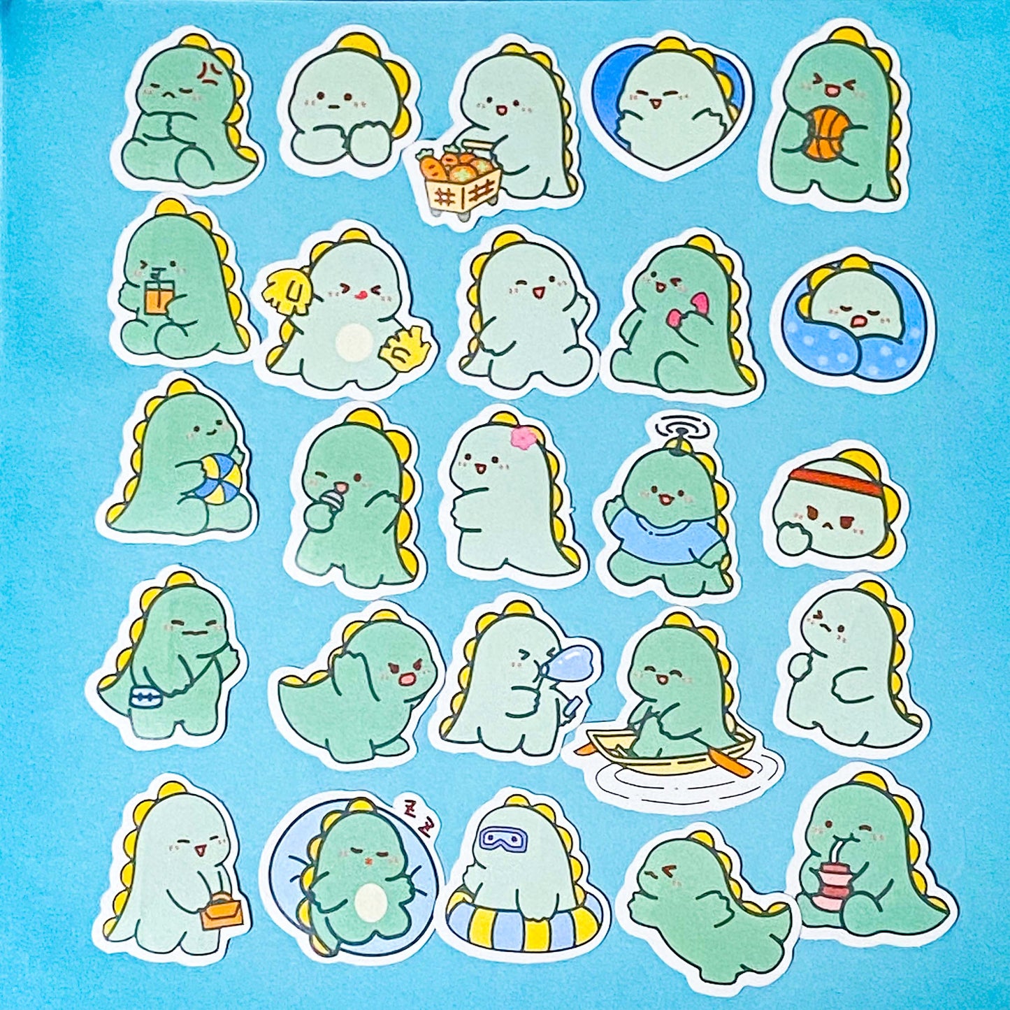 Collection of cute green dinosaur stickers on a blue background