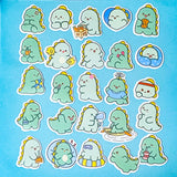 Collection of cute green dinosaur stickers on a blue background