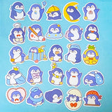 Set of cartoon penguin stickers with various poses and accessories on a blue background