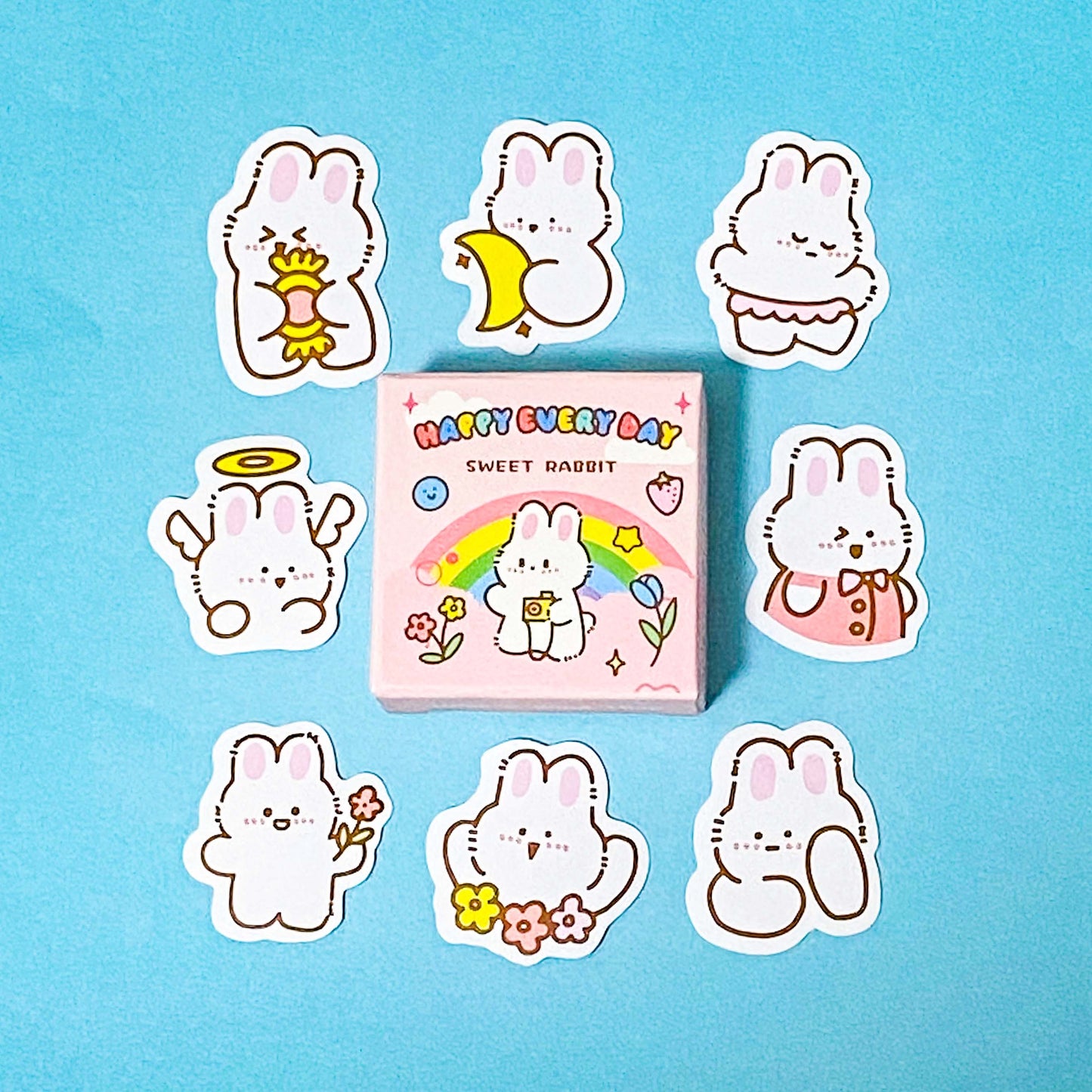 kawaii rabbit mini sticker flakes box of 50 cute stickers on a blue background