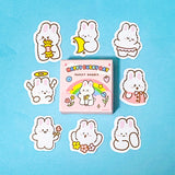 kawaii rabbit mini sticker flakes box of 50 cute stickers on a blue background