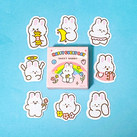 kawaii rabbit mini sticker flakes box of 50 cute stickers on a blue background