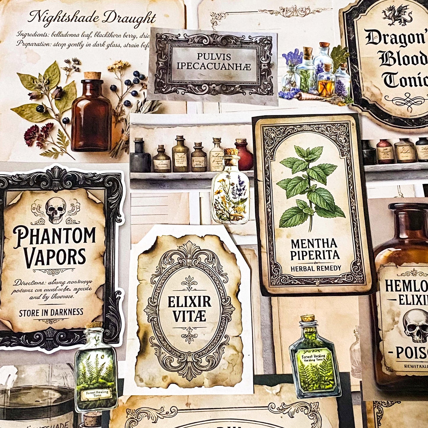 botanical and poison labels ephemera pack with vintage apothecary paper pieces flat lay showing 25 piece set for journaling and scrapbooking