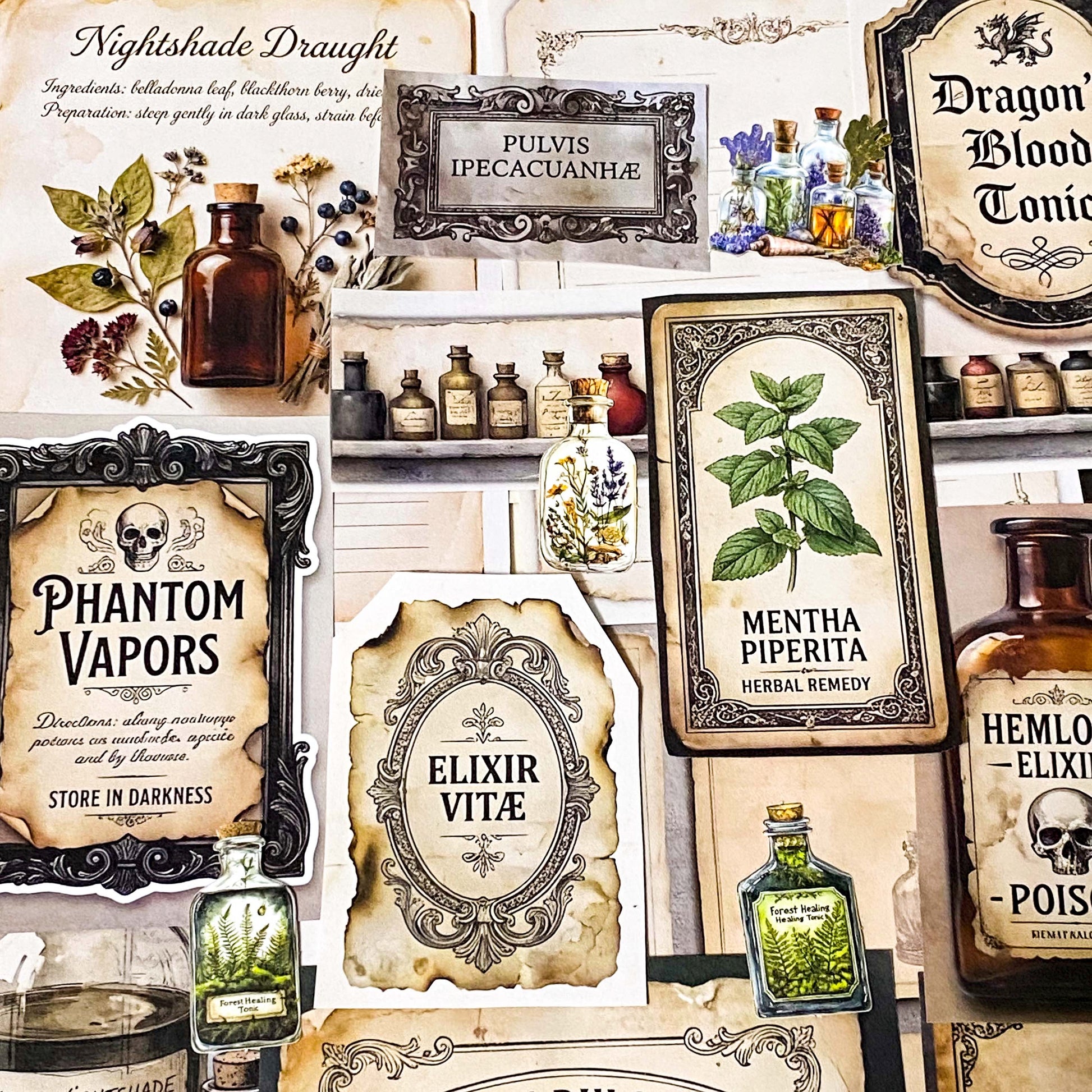 botanical and poison labels ephemera pack with vintage apothecary paper pieces flat lay showing 25 piece set for journaling and scrapbooking