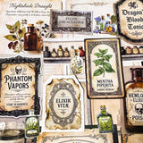 botanical and poison labels ephemera pack with vintage apothecary paper pieces flat lay showing 25 piece set for journaling and scrapbooking