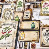 botanical and poison labels ephemera pack with vintage apothecary paper pieces flat lay showing 25 piece set for journaling and scrapbooking