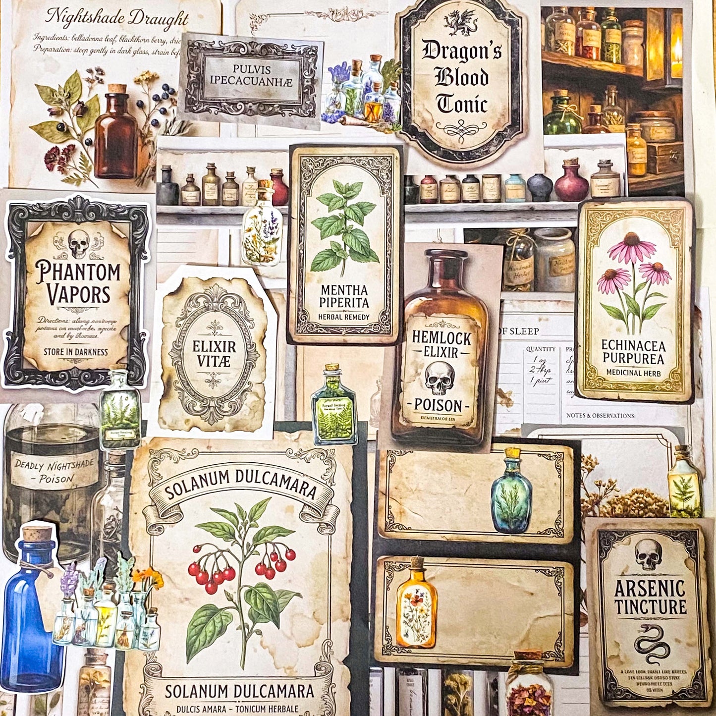 botanical and poison labels ephemera pack with vintage apothecary paper pieces flat lay showing 25 piece set for journaling and scrapbooking
