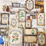 botanical and poison labels ephemera pack with vintage apothecary paper pieces flat lay showing 25 piece set for journaling and scrapbooking