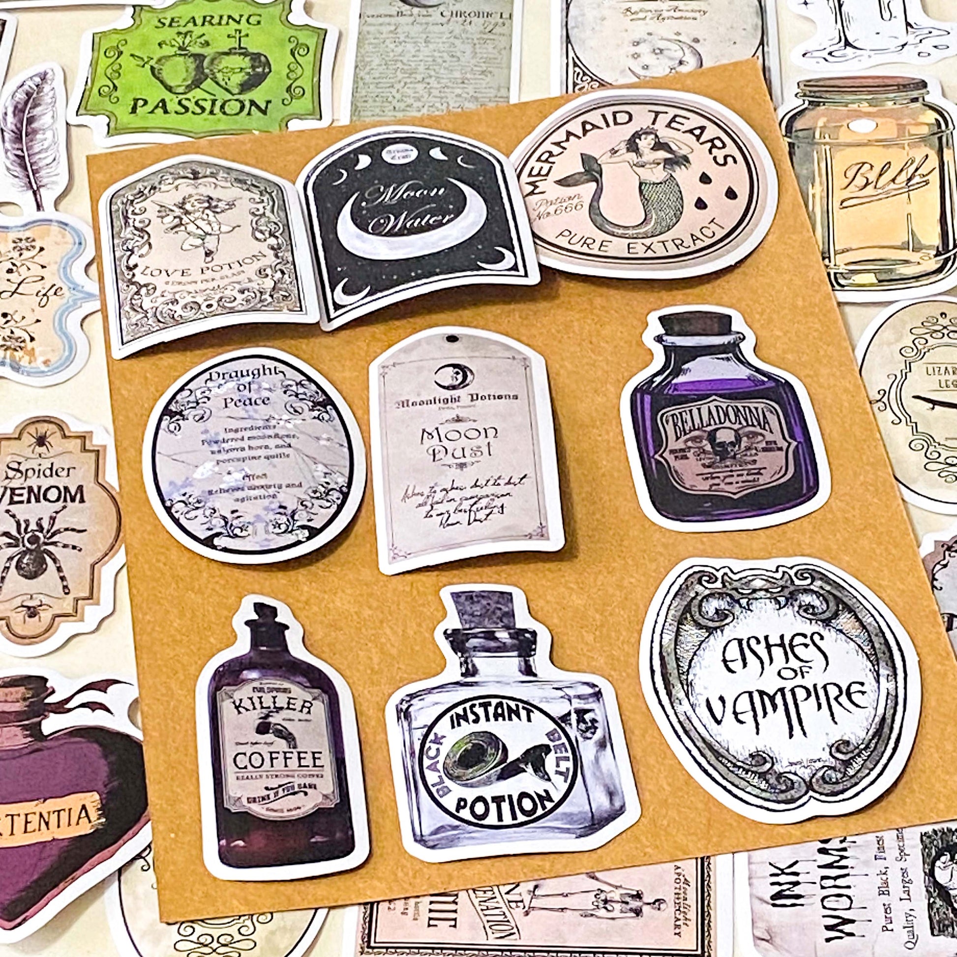 vintage potion bottle and poison bottles label stickers for antique scrapbook and laptops including apothecary labels and spells