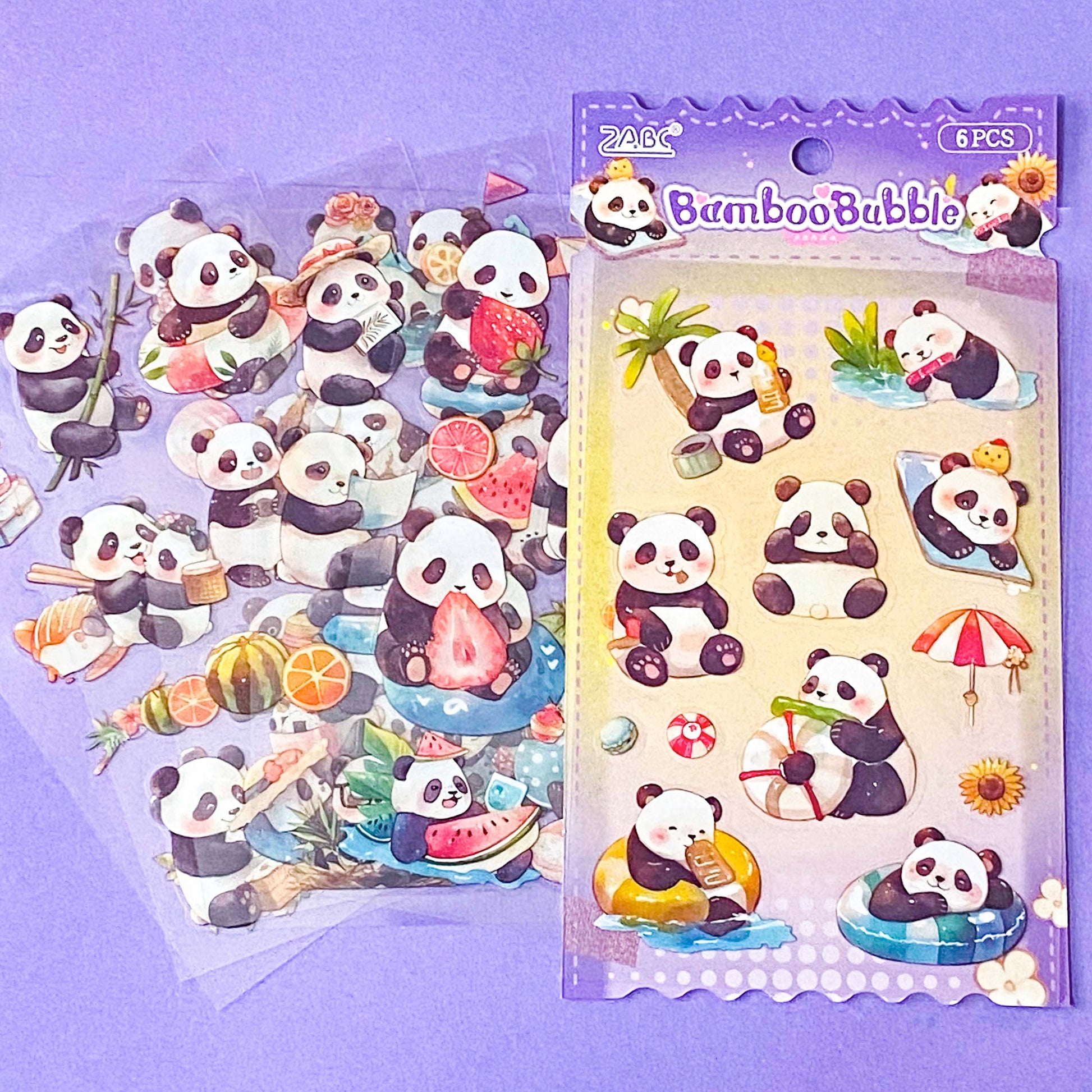 pack of 6 clear plastic stickers sheets of cute and kawaii pandas on a pale lilac background