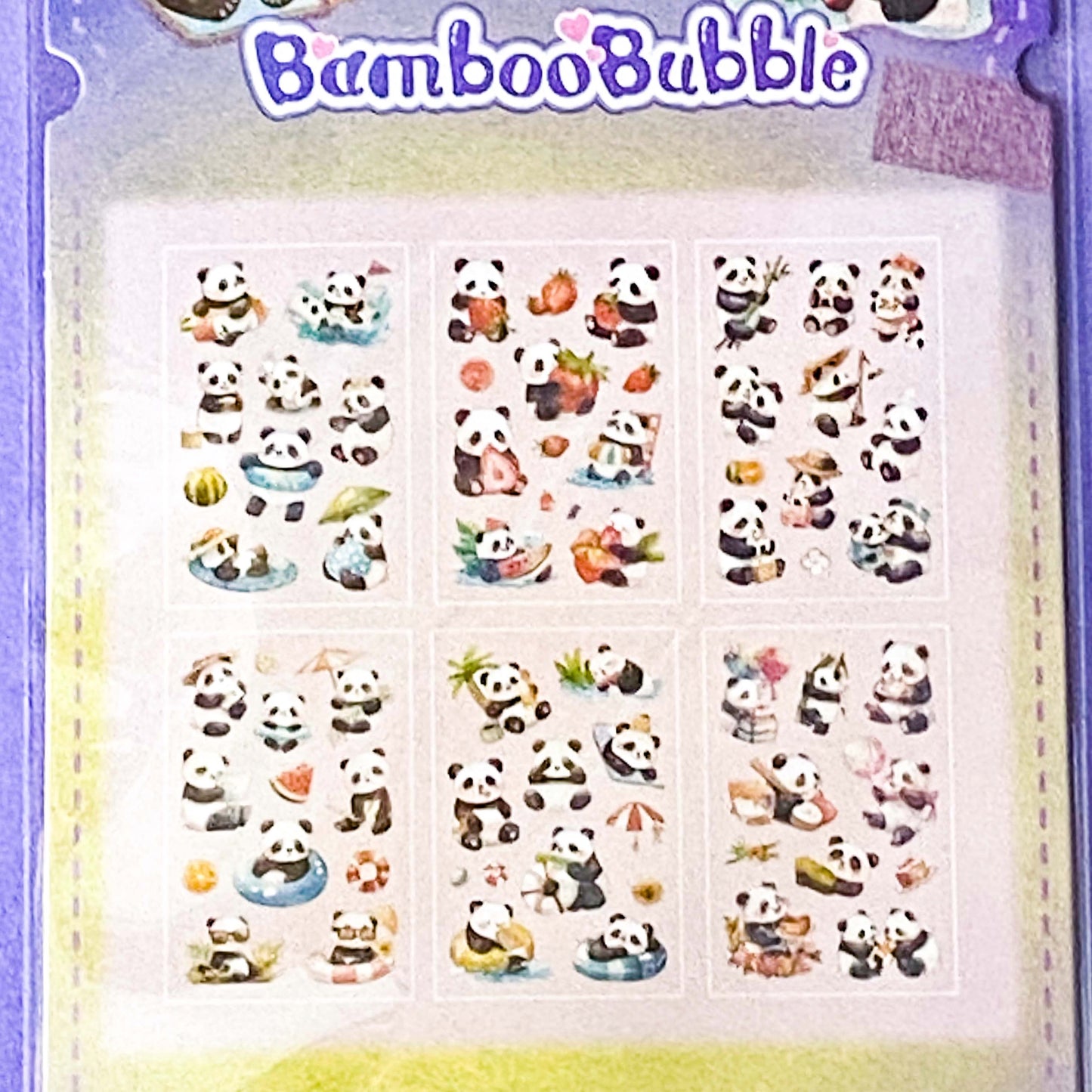 pack of 6 clear plastic stickers sheets of cute and kawaii pandas on a pale lilac background