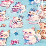 Pattern of cute cartoon cat stickers with bows and accessories on a light blue background
