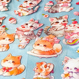 cute cartoon cats stickers with various poses and accessories on a blue background.