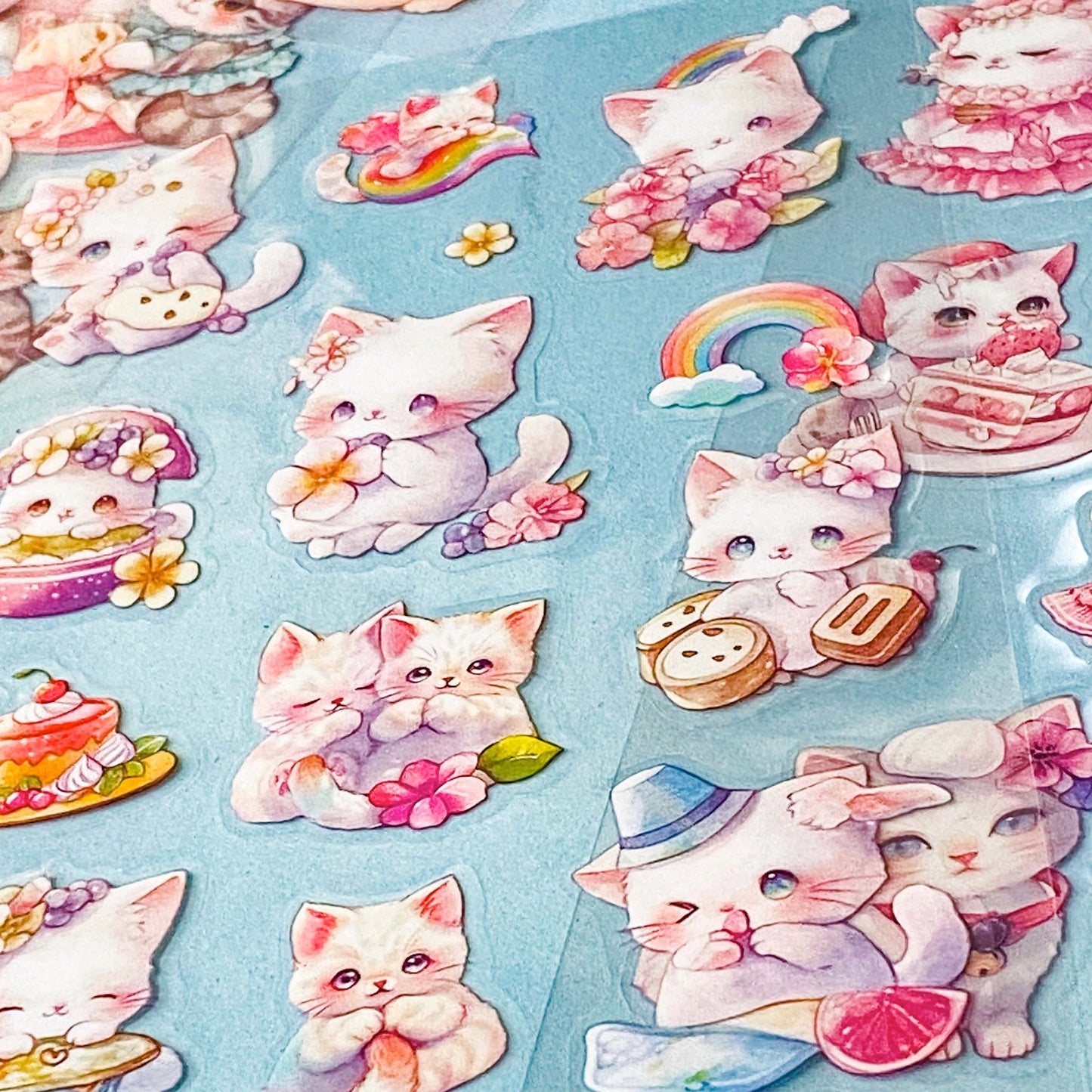 Collection of cute cat illustration clear plastic stickers on a blue background