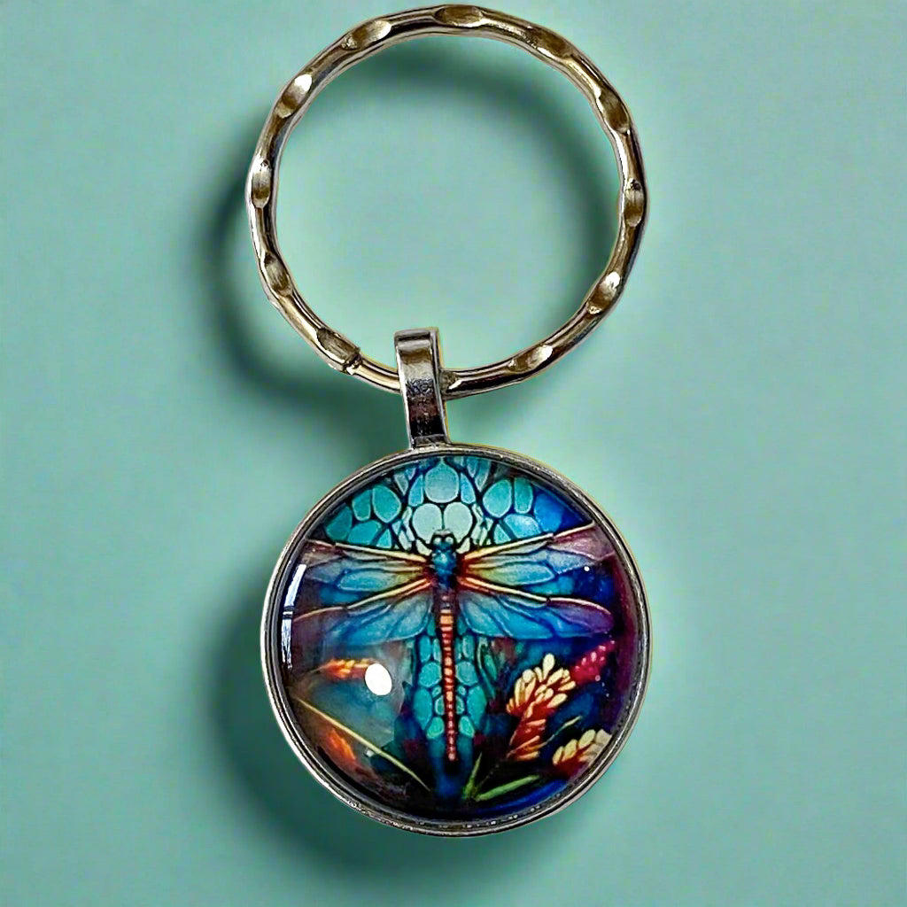 dragonfly dragonflies cute kawaii glass cabochon keyring keyrings key ring rings chain silver uk gift gifts shop store purple pink blue turquoise gold green lilac