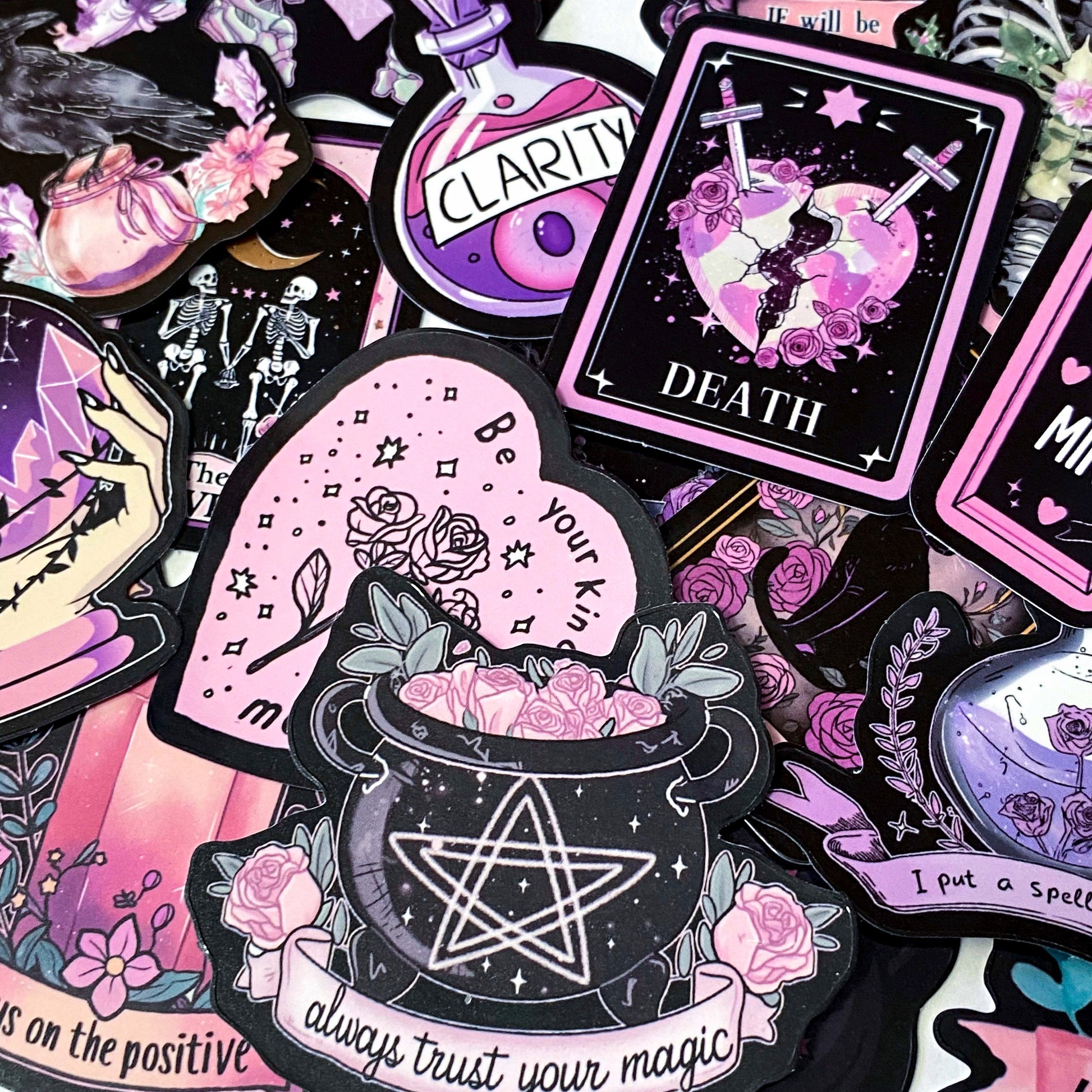 creepy cute spooky pink black purple halloween laptop sticker stickers set uk cute kawaii fun colourful skull skulls witch witches ribs potion bottle coffin coffins moth ghost ghosts cat black cats raven ravens crow crystal crystals moon moons haunted house skeleton skeletons