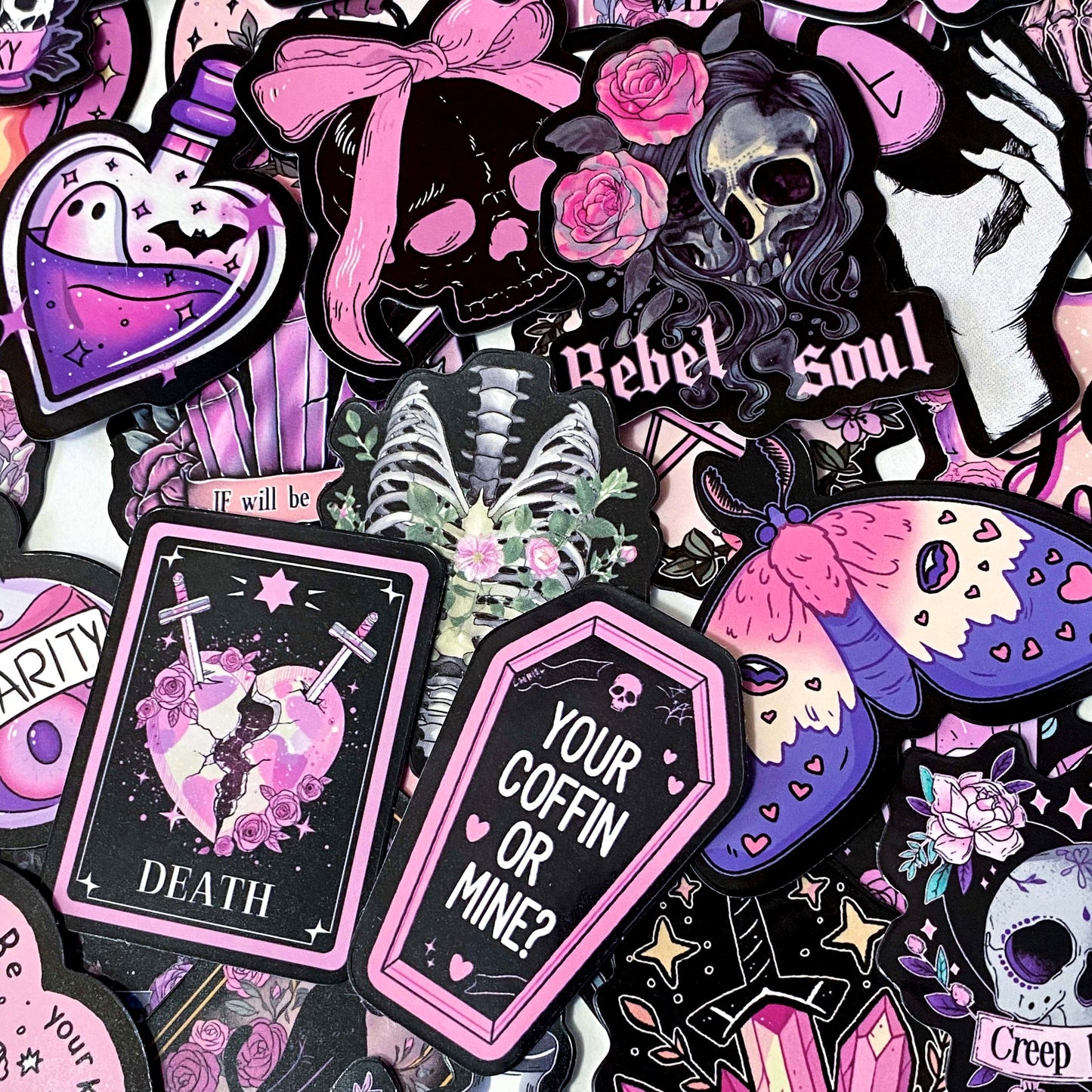creepy cute spooky pink black purple halloween laptop sticker stickers set uk cute kawaii fun colourful skull skulls witch witches ribs potion bottle coffin coffins moth ghost ghosts cat black cats raven ravens crow crystal crystals moon moons haunted house skeleton skeletons