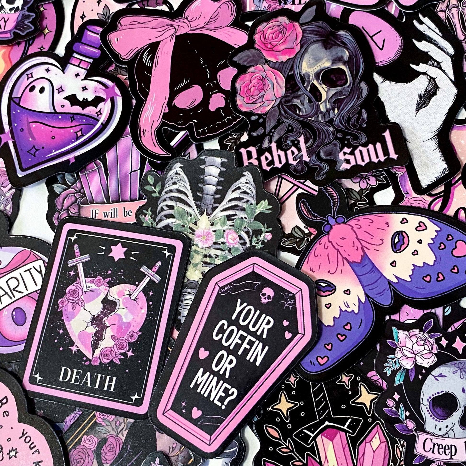 creepy cute spooky pink black purple halloween laptop sticker stickers set uk cute kawaii fun colourful skull skulls witch witches ribs potion bottle coffin coffins moth ghost ghosts cat black cats raven ravens crow crystal crystals moon moons haunted house skeleton skeletons