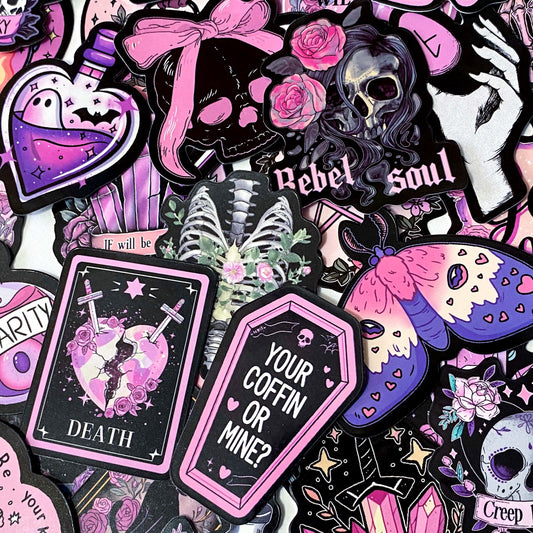 creepy cute spooky pink black purple halloween laptop sticker stickers set uk cute kawaii fun colourful skull skulls witch witches ribs potion bottle coffin coffins moth ghost ghosts cat black cats raven ravens crow crystal crystals moon moons haunted house skeleton skeletons
