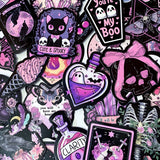 creepy cute spooky pink black purple halloween laptop sticker stickers set uk cute kawaii fun colourful skull skulls witch witches ribs potion bottle coffin coffins moth ghost ghosts cat black cats raven ravens crow crystal crystals moon moons haunted house skeleton skeletons