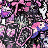 creepy cute spooky pink black purple halloween laptop sticker stickers set uk cute kawaii fun colourful skull skulls witch witches ribs potion bottle coffin coffins moth ghost ghosts cat black cats raven ravens crow crystal crystals moon moons haunted house skeleton skeletons